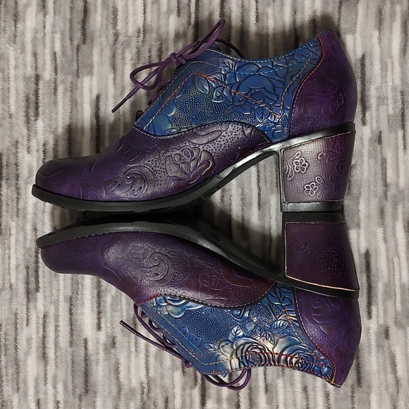Gracosy Purple/Blue Leather Oxfords with heel Sz 37 - Picture 2 of 16